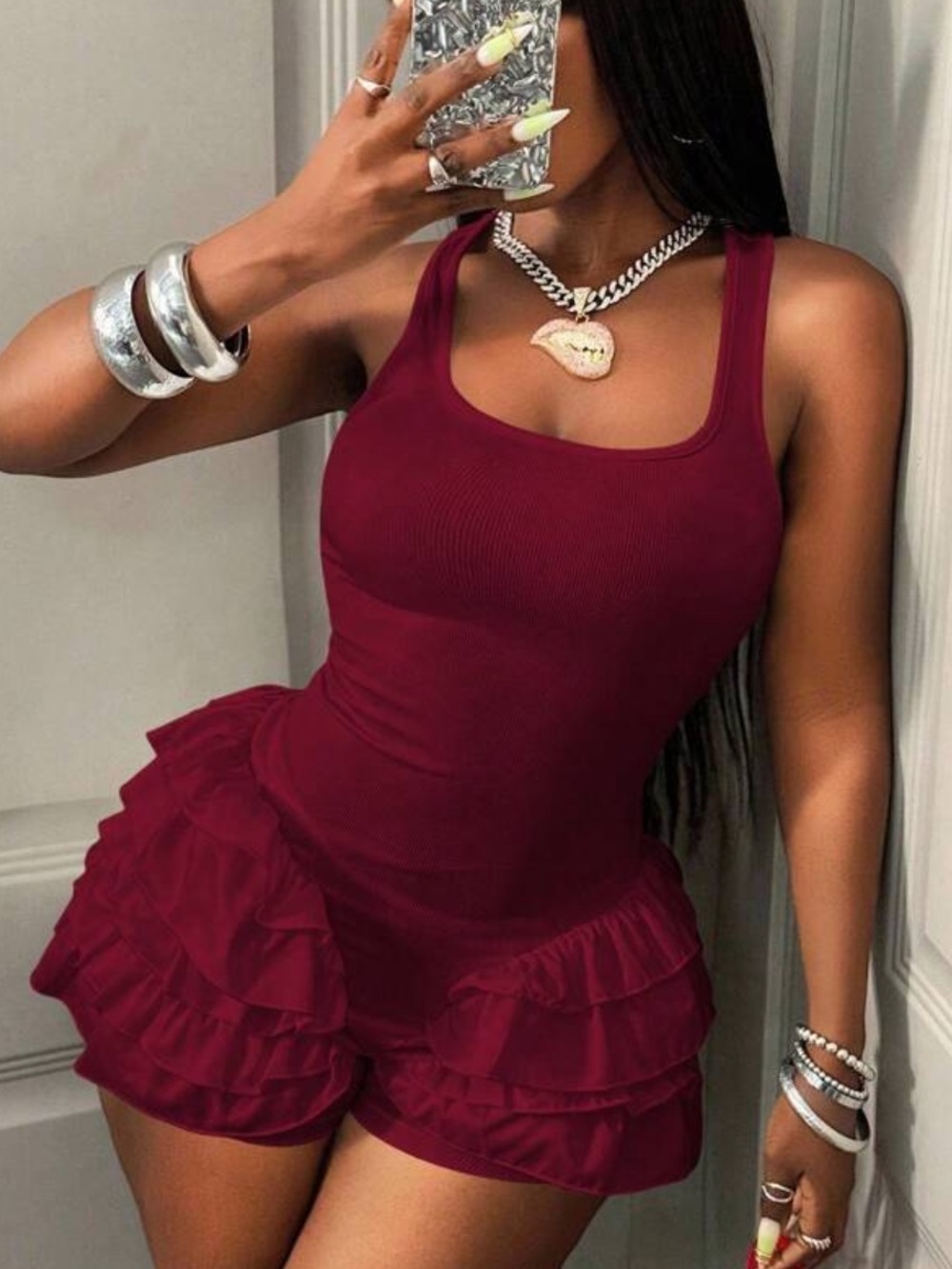 Ruffled Tank Romper in Burgundy - Women's Jumpsuit